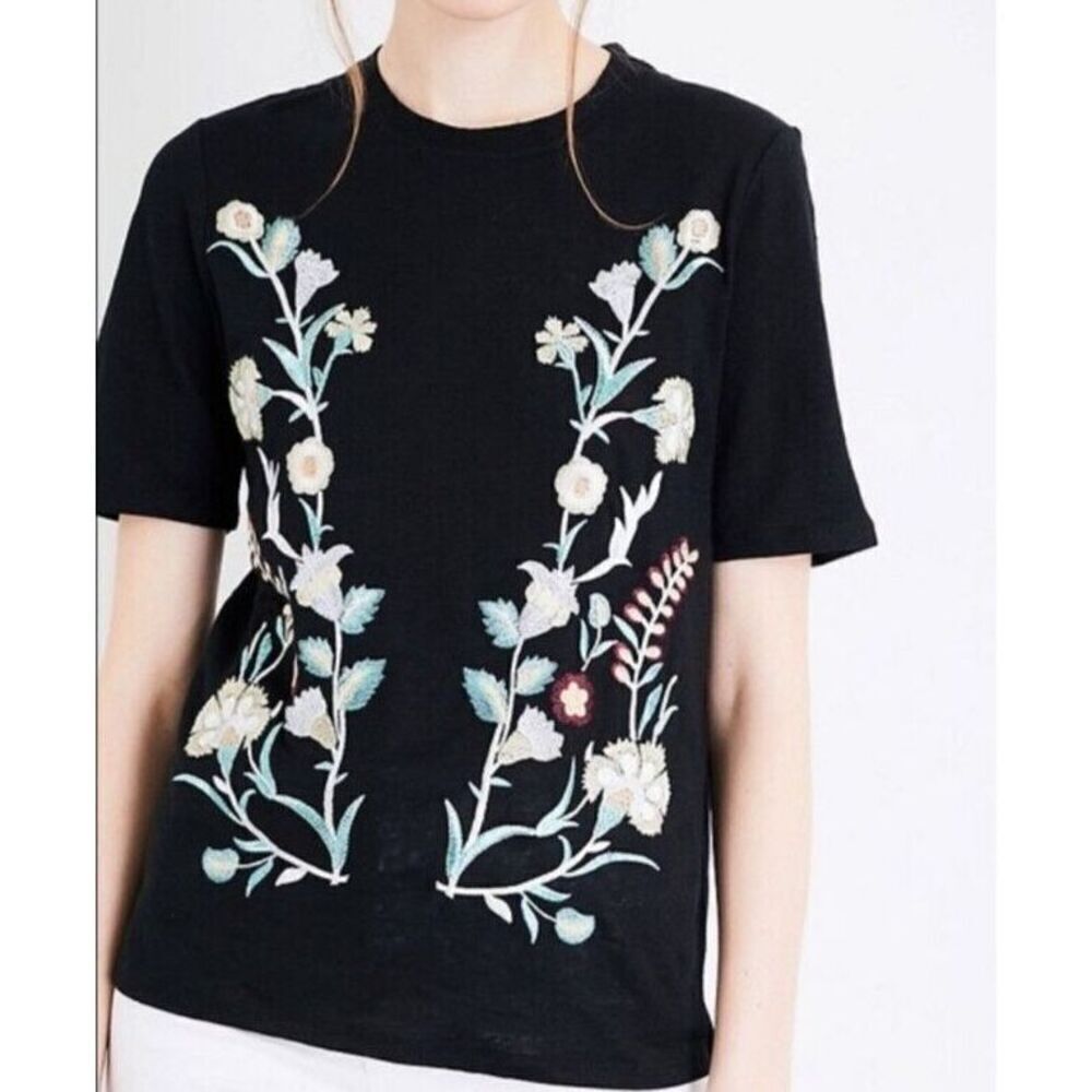 Maje Shirt Top Size 3 Large Black Floral Embroidery Short Sleeve